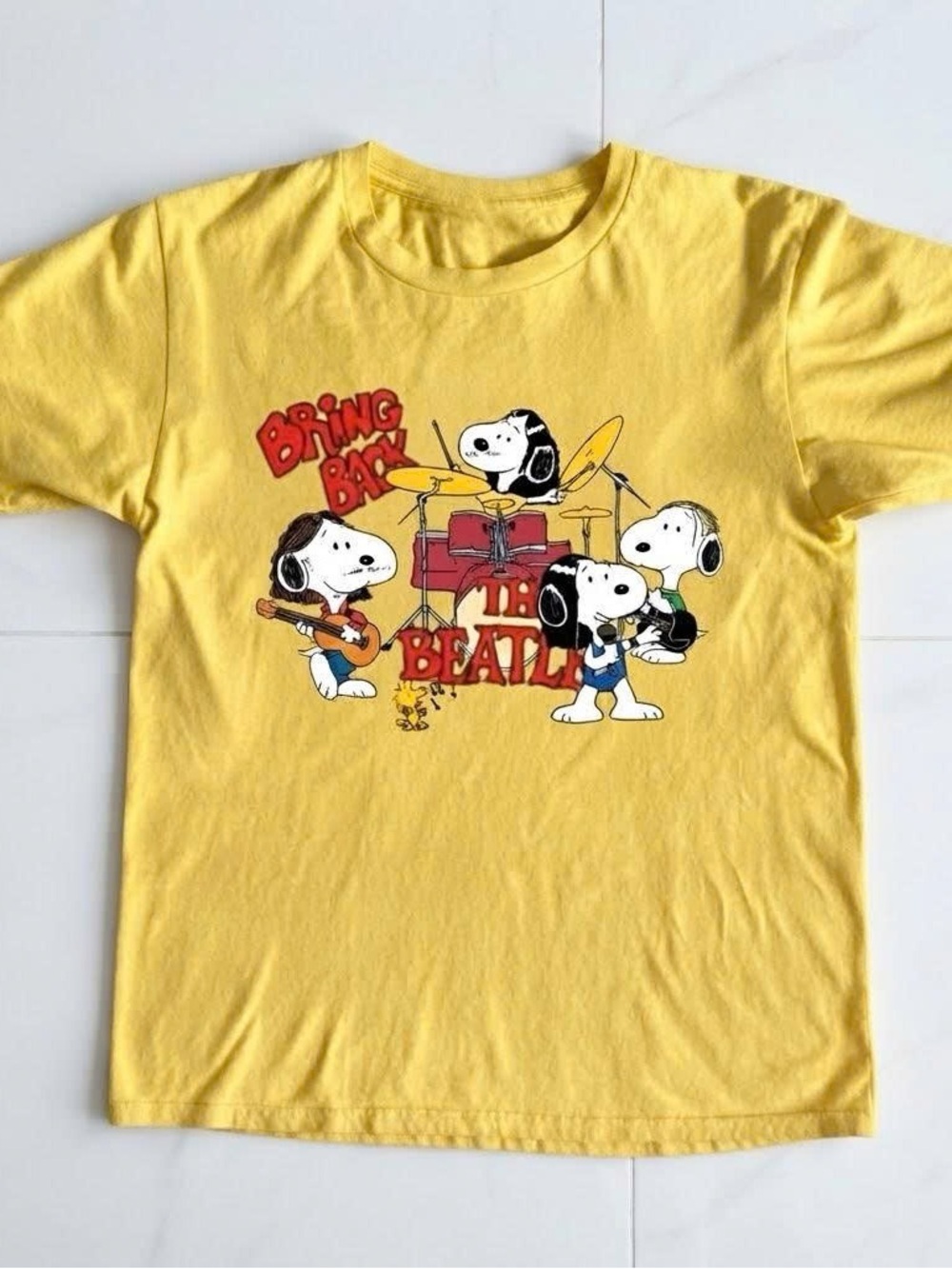 Vintage Yellow Tee with Snoopy Beatles Band Graphic